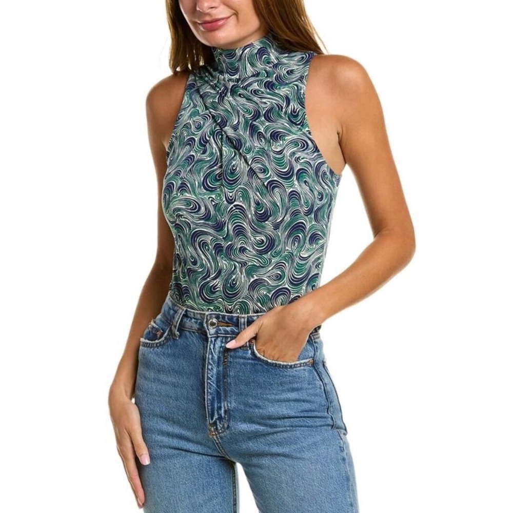 Cinq à Sept Roxine Bodysuit Size Smal Mock Neck Back Zip Peacock Swirl Green